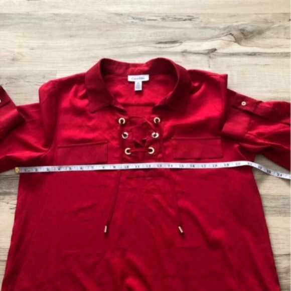 MASSIVE $10 SALE Calvin Klein Red Tie Front Blouse with Mandarin Collar - Picture 4 of 5